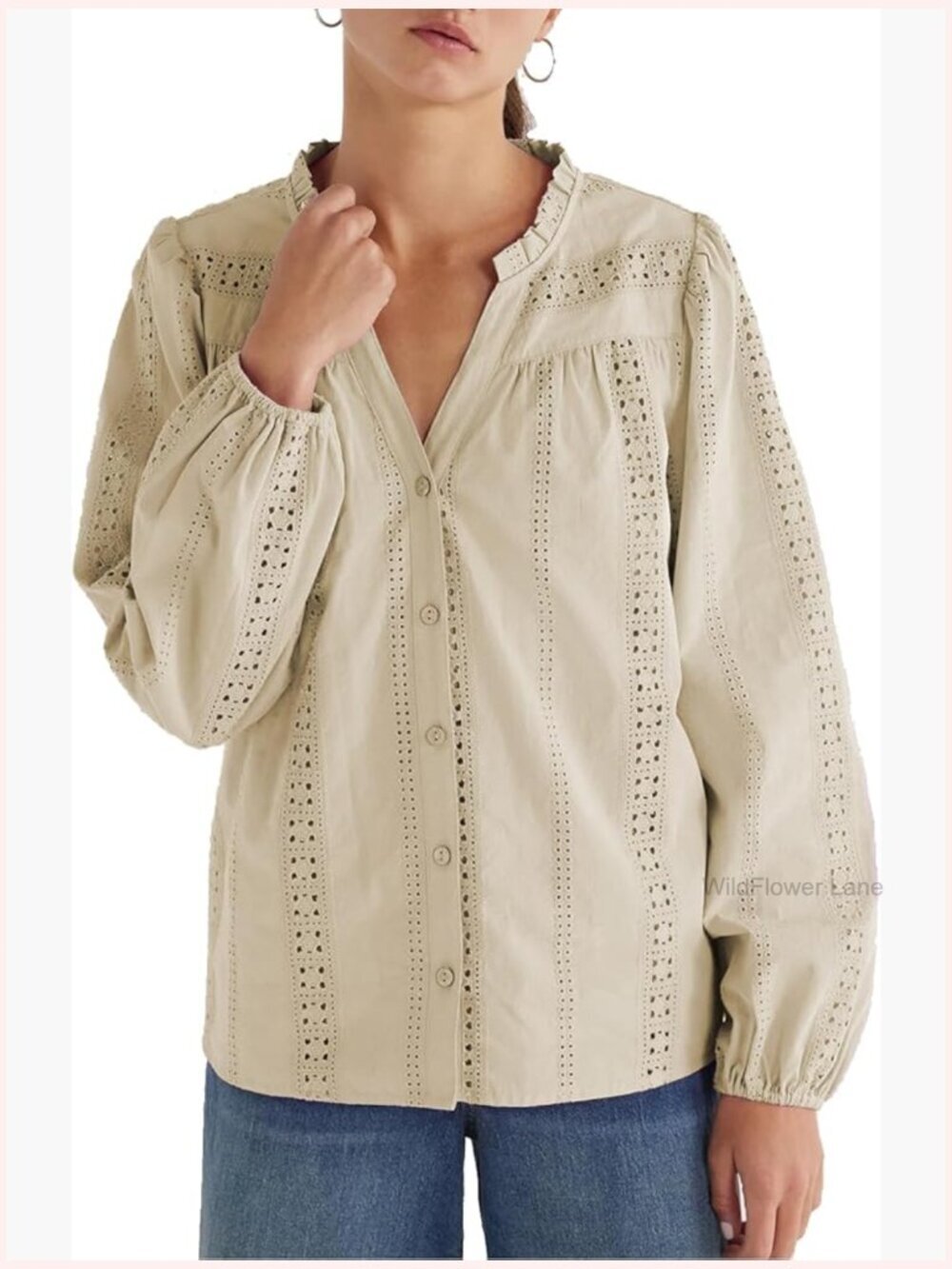 Bohemian Button-Down Blouse with Crochet Trim Long Sleeve Dressy Casual Work Top